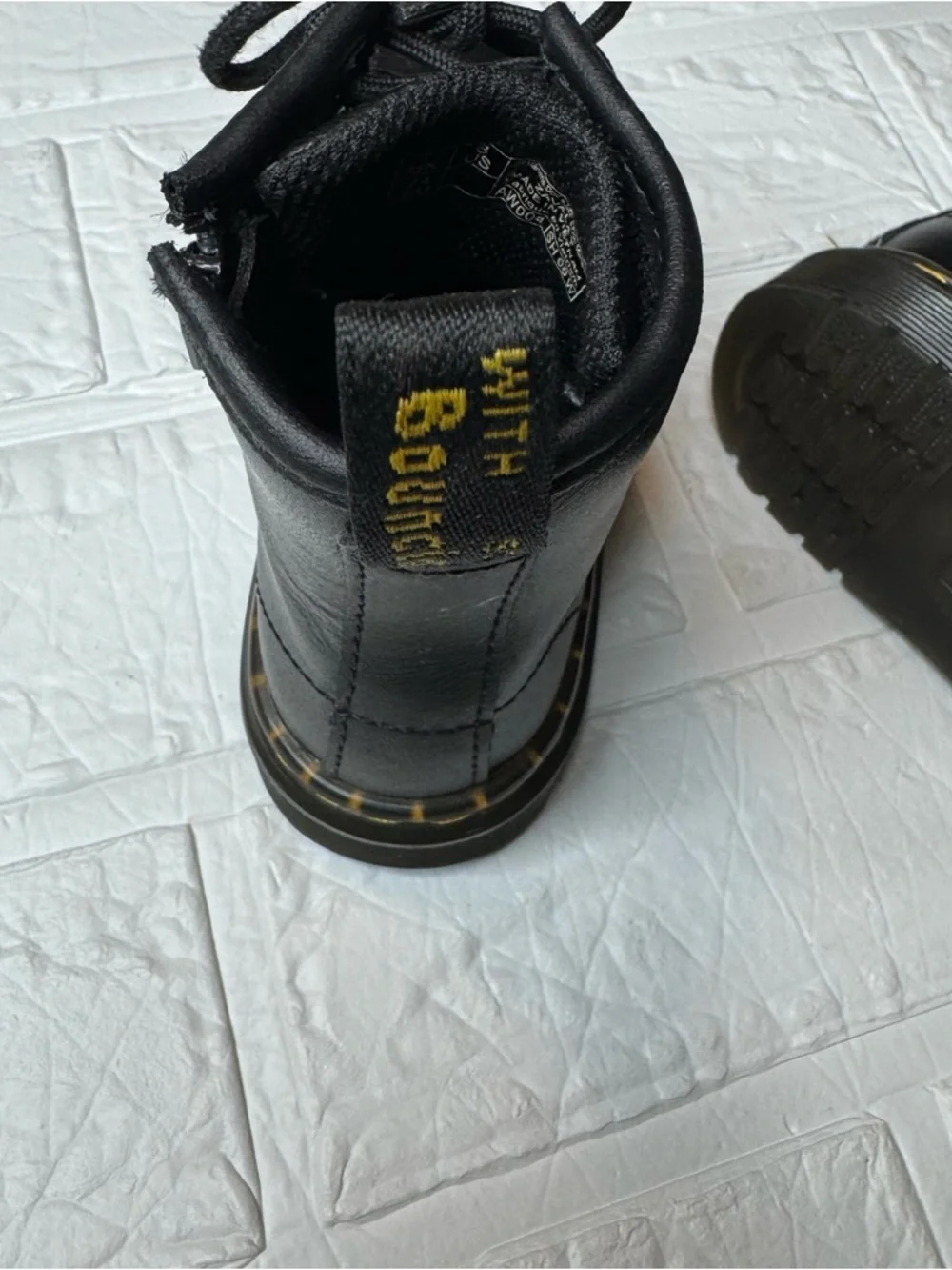 Dr. Martens Toddler US8 Kids Black Leather Lace-Up Boots with Yellow Stitching